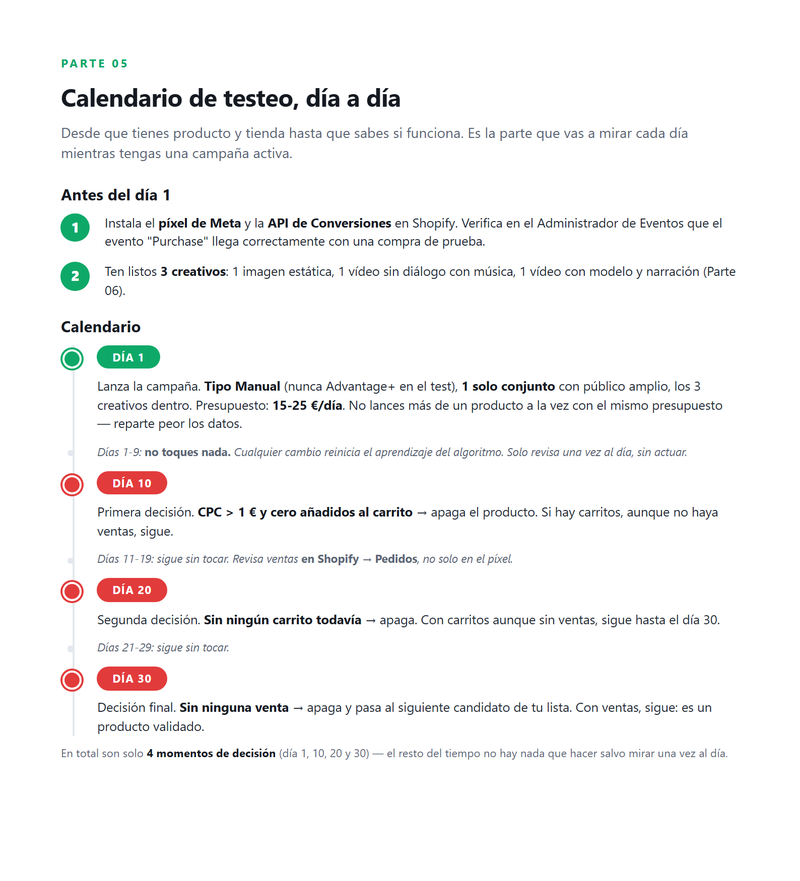 Página del calendario de testeo día a día