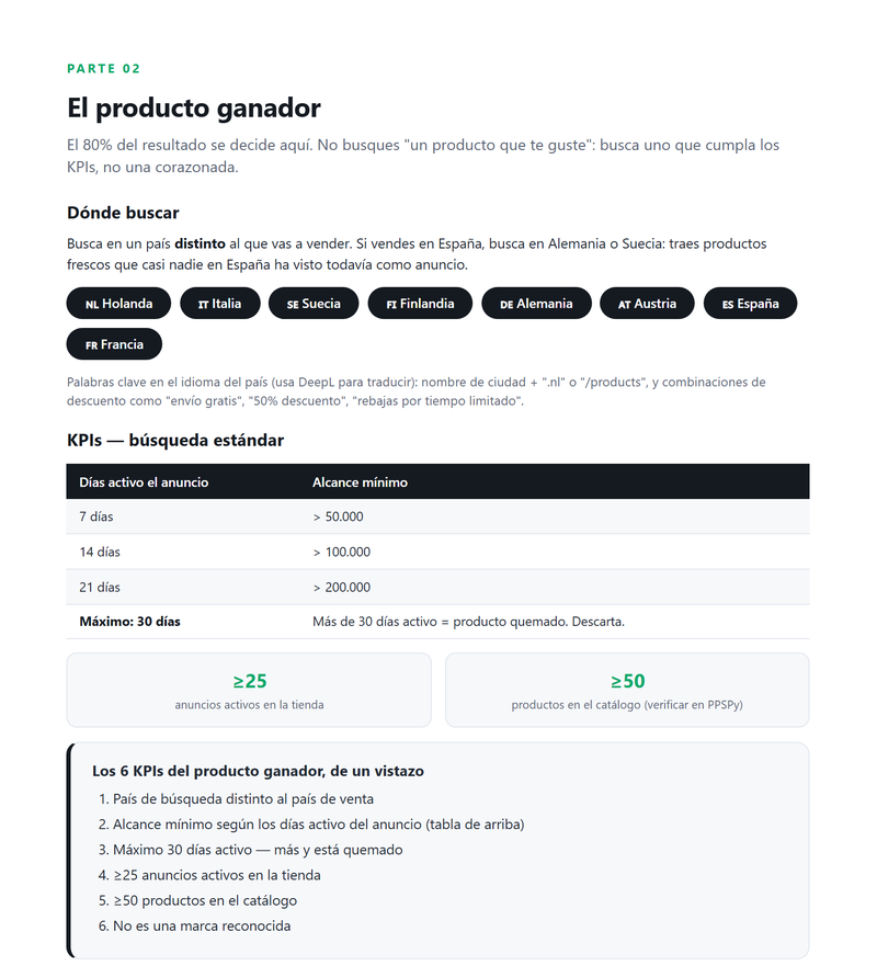 Página de los KPIs del producto ganador